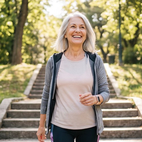 Woman smiling at the top of a flight of stairs