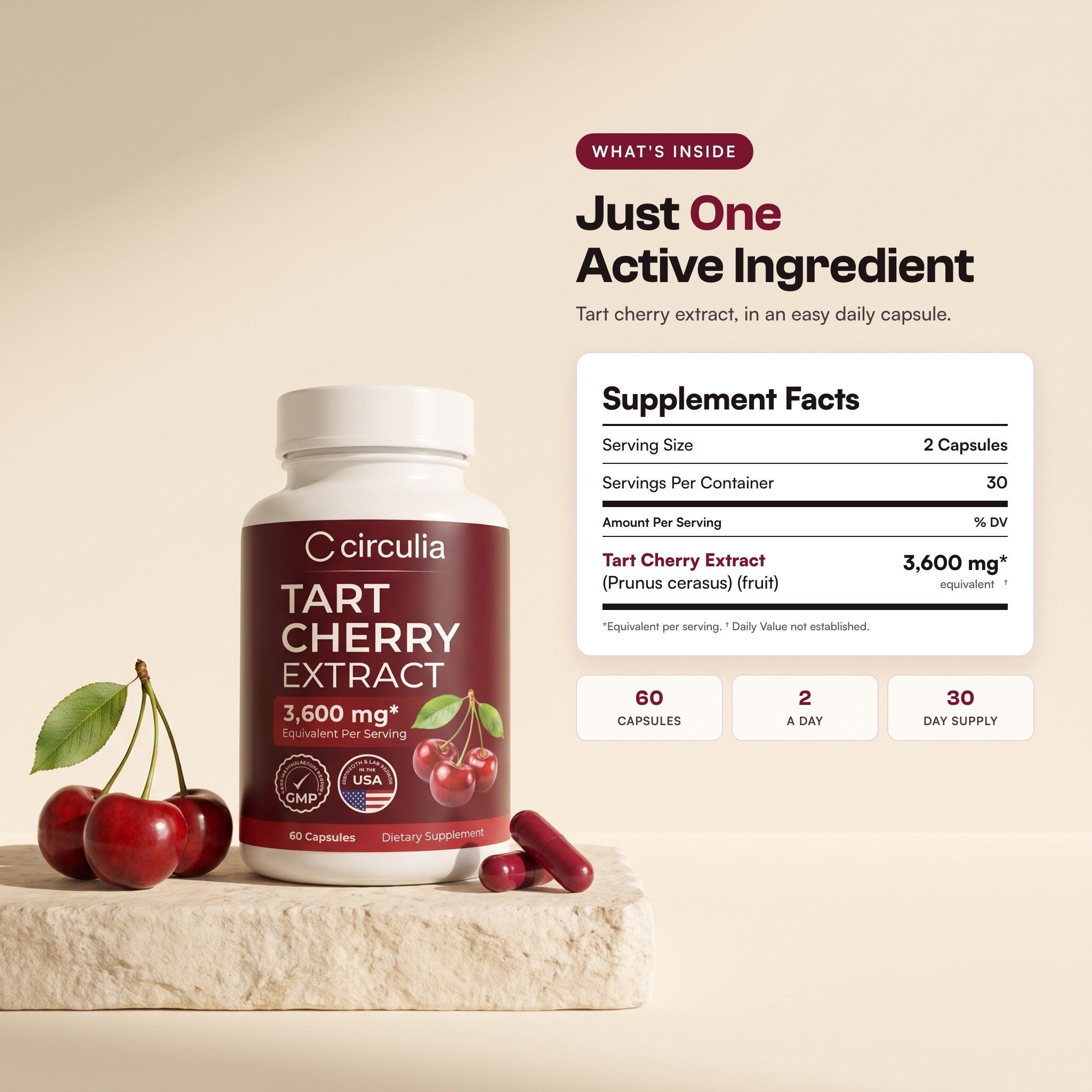 Circulia Tart Cherry Extract bottle and supplement facts